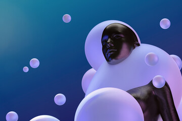 Woman among colored bubbles