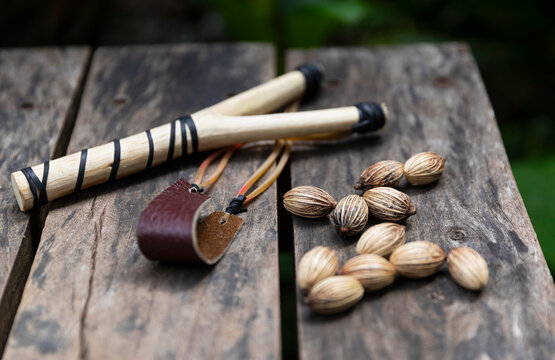 Handmade Slingshot Still life with seeds for shooting 