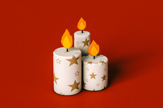 Cartoon xmas candles on a red background. front view