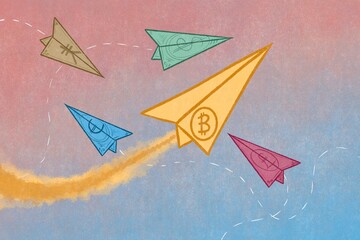 Bitcoin and traditional currency paper planes