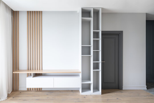 Empty living room shelf with space for a television