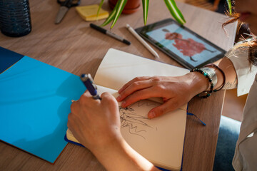 Detail Of A Drawing, Designer Hand's Working From Home.