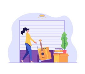 Woman carrying personal items to rental self-storage unit. Girl walking with cart in garage. Concept of self storage unit, small mini warehouse, rental garage. Vector illustration in flat design