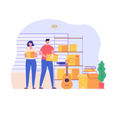 Family keeping personal items in rental self-storage unit. Man and woman holding boxes. Concept of self storage unit, small mini warehouse, rental garage. Vector illustration in flat design
