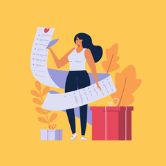 Beautiful woman writing wish list. Young girl planning to buy presents with wishlist. Concept of wishlist, dreaming about gift, making wish. Vector illustration in cartoon design