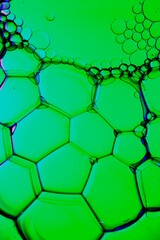 Burbujas de aceite de Soja con gel flotan en la superficie con luz verde formando celdas de panal de abejas, presenta una hermosa ilustraciòn de diseño abstracto