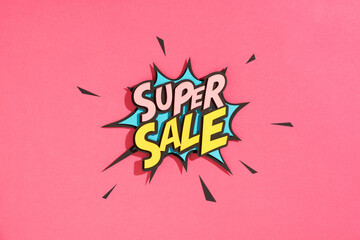 Special offer banner with comic lettering SUPER SALE! in the speech bubble comic style flat design.