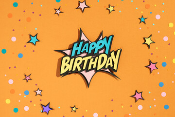 Happy Birthday. Rays of burst and exploding speech bubble