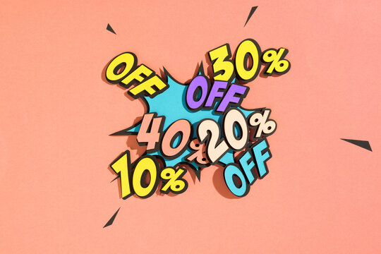 Comic lettering percents off SALE in the speech bubble comic style flat design set.