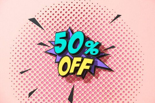 50 percent off comic speech bubble. 