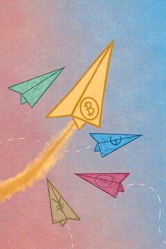 Bitcoin and traditional currency paper planes