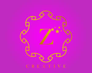 Creative design logo, alphabet Z, 5 star letter, label, icon, for packaging, luxury product design. Made with gold on a light purple textured background.