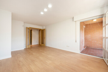 Fototapeta na wymiar empty living room with furniture with wooden floors, freshly painted walls and access to a terrace with brick walls and oak doors