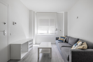 apartment with a living room in white tones and a gray sofa with light wooden floors and a window with a blind