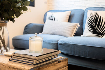 Corner of an apartment decorated with plants and a stark wooden coffee table with a blue sofa and...