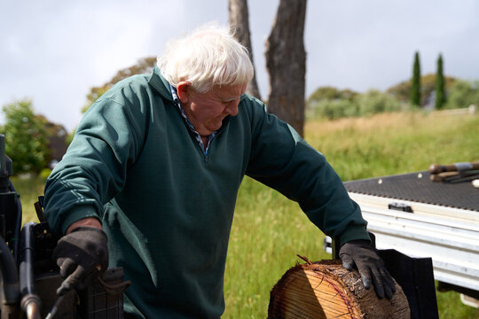 Senior splitting firewood