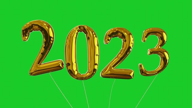 Green screen 2023 gold foil balloons float around 3D rendering