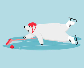 Polar bear ice hockey player. Funny mascot skating with stick and puck in attack.