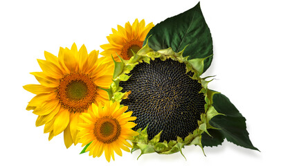 Ripe sunflower with grains and three yellow flowers on an isolated background