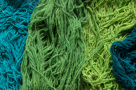 Texture Of Dyed Threads In Green Color For Rugs