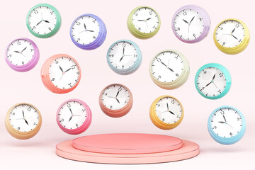 time stop watch alarm stand display podium product past present future minute hour season. platform colorful pastel clock celebrate new year birthday christmas countdown holiday. 3D Illustration.