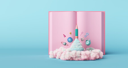 book kid imagine creative clock time universe globe saturn stars rocket sky clouds smoke connected world technology pink pastel education pencil subject open mind calculations space. 3D illustration.