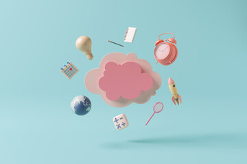 3d cloud pink shape text box kid cute imagine creative alarm clock globe rocket light bulb pencil and calculator pastel connected world online technology object of learning education. 3D Illustration.