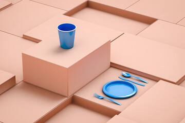 Cutlery set next to a blue plastic cup and plate