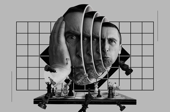 Chess and surrealistic head of a man