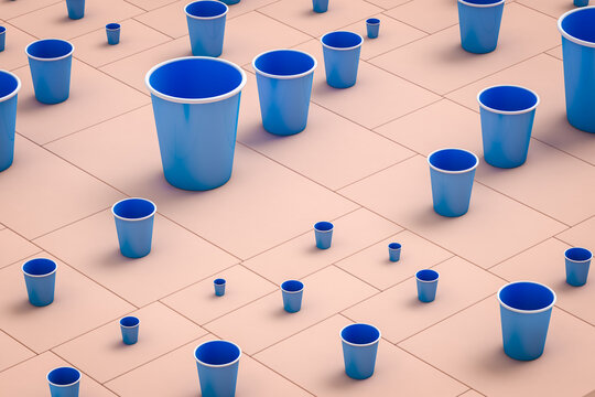 Blue plastic cups of different sizes