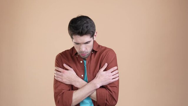 Guy tremble shake cold windy weather isolated pastel color background 