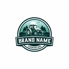 farm logo with tractor and nature backgorund in retro style