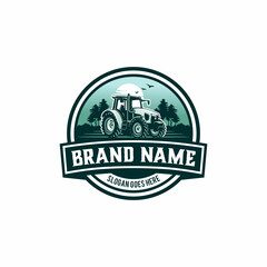 farm logo with tractor and nature backgorund in retro style © winana
