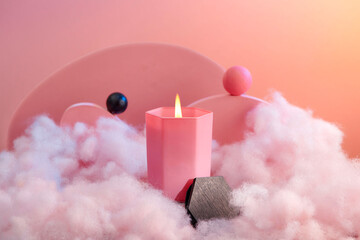 glass soy candle in a jar on pastel podium, mock up
