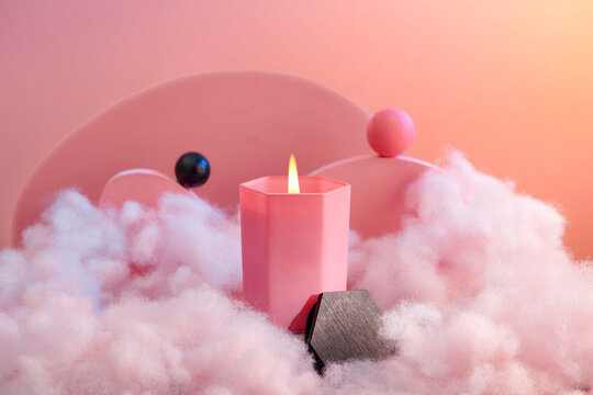 glass soy candle in a jar on pastel podium, mock up