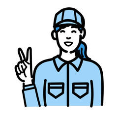 ピースサインをして笑顔の作業服を着た若い女性
