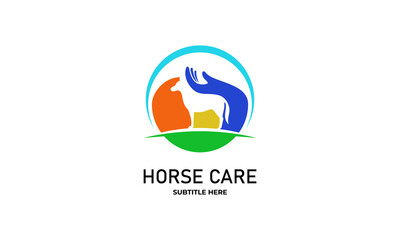 vector graphic illustration logo design for pictogram combination horse and hand, horse care with multiple color