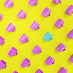 3d rendering of purple mugs among which one is blue on a yellow background