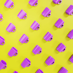 3d rendering of purple mugs on a yellow background