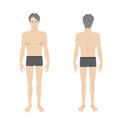 中年のアジア人男性の下着姿の美容や整体向けの全身の裸の白バックの線なしイメージイラスト図