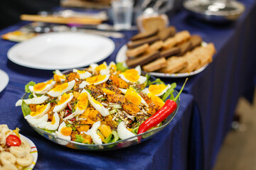 salad from fresh vegetables and eggs of bright colors. Vital energy in healthy food. Proper and healthy food. Vibrant colors