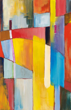 An abstract painting; blocks of color in a bridge motif