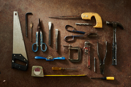 DIY Tools on Rust Background Shot from Above