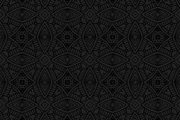 Embossed ethnic black background, spectacular cover design. Geometric trendy ornamental 3D pattern. Artistic creativity of the peoples of the East, Asia, India, Mexico, Aztecs.