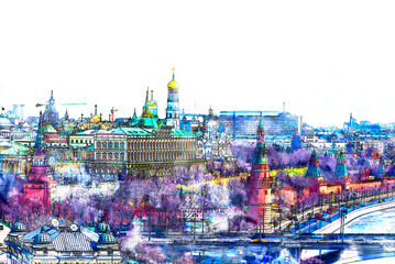 Naklejka premium Sketch and Drawing with watercolor of moscow city sunset, St. Basil's Cathedral and Kremlin Walls and Tower in Red square, Moscow, Russia,
