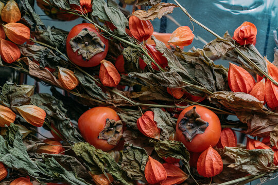 Garden still life, persimmon and dried flowers.