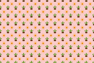 Cactus pattern wallpaper with sun seamless, light pink background.