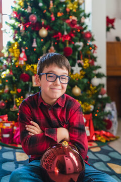 Smart Boy Portrait and Christmas Tree