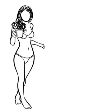 Girl in a bikini holding a mug. Simple illustration with lines and white background. Vector art.