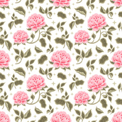 Vintage Aesthetic Hand Drawn Shabby Chic Pink Rose Flower Seamless Pattern